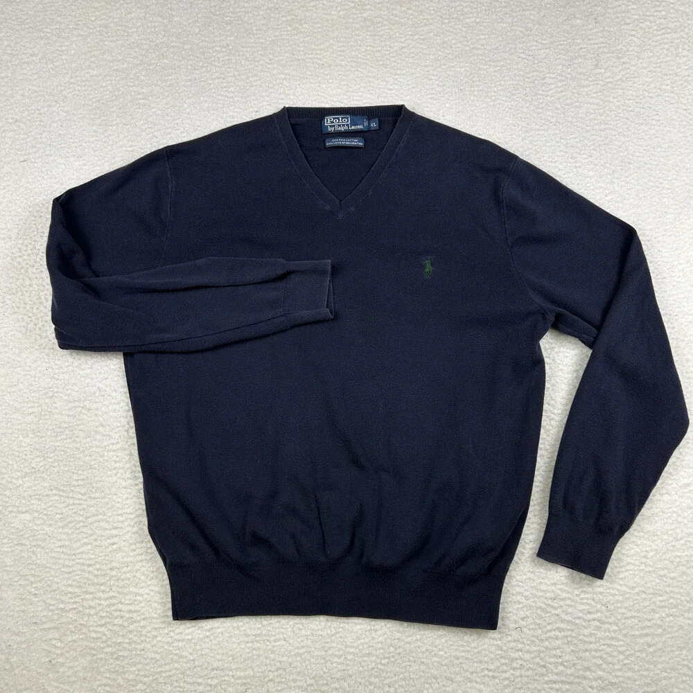Polo Ralph Lauren Sweater Mens XL V-Neck Navy Blue Pima Cotton Knit Pullover